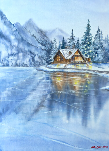 Malerei mit dem Titel "Swiss chalet" von Mila D'Art, Original-Kunstwerk, Aquarell