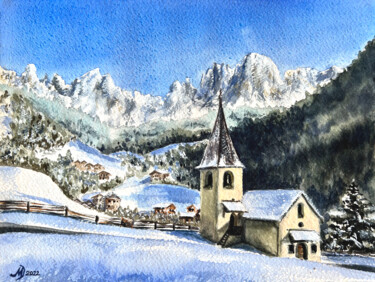 Schilderij getiteld "Alpine village" door Mila D'Art, Origineel Kunstwerk, Aquarel