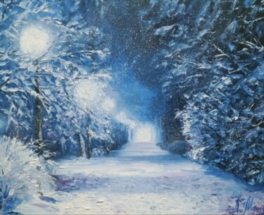 Картина под названием "Зимний вечер" - Mila Moiseeva, Подлинное произведение искусства, Масло Установлен на картон