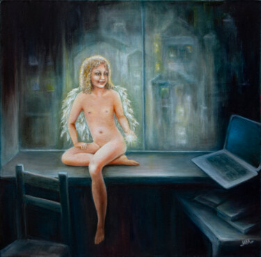 Painting titled "My angel on duty" by Mila Moroko, Original Artwork, Oil Mounted on Wood Stretcher frame
