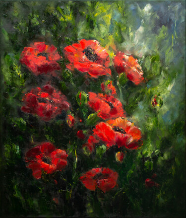 Painting titled "In love with poppies" by Mila Moroko, Original Artwork, Oil Mounted on Wood Stretcher frame