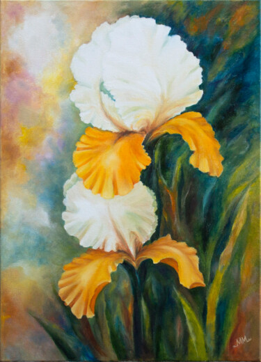 Ζωγραφική με τίτλο "Magic irises" από Mila Moroko, Αυθεντικά έργα τέχνης, Λάδι Τοποθετήθηκε στο Ξύλινο φορείο σκελετό