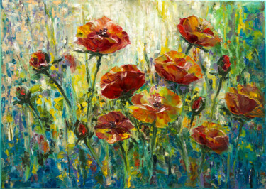 Painting titled "Poppies Etude" by Mila Moroko, Original Artwork, Oil Mounted on Wood Stretcher frame