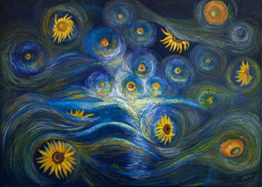 Painting titled "Sunflowers Night" by Mila Moroko, Original Artwork, Oil Mounted on Wood Stretcher frame