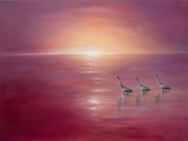Painting titled "Japanese Cranes" by Mila Moroko, Original Artwork, Oil Mounted on Wood Stretcher frame