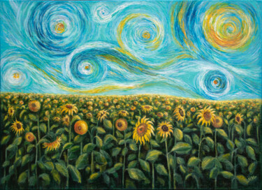 Painting titled "Starry Night Flower…" by Mila Moroko, Original Artwork, Oil Mounted on Wood Stretcher frame