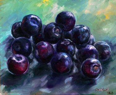 Painting titled "plums" by Mila Pavlova, Original Artwork, Oil Mounted on Wood Stretcher frame