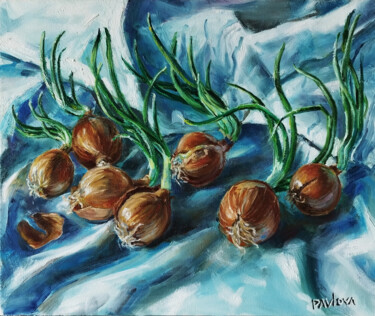 Painting titled "Onion" by Mila Pavlova, Original Artwork, Oil Mounted on Wood Stretcher frame