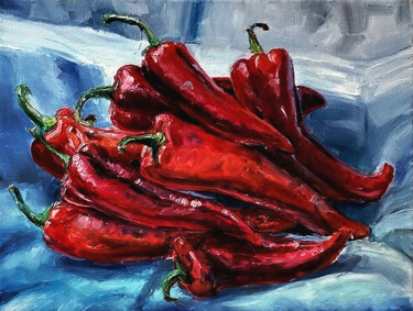 Painting titled "red peppers" by Mila Pavlova, Original Artwork, Oil Mounted on Wood Stretcher frame
