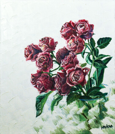 Painting titled "Red roses on white" by Mila Pavlova, Original Artwork, Oil Mounted on Wood Stretcher frame