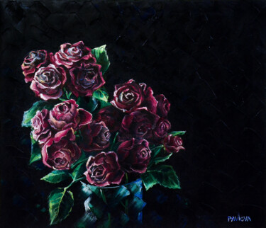 Peinture intitulée "Red roses on blakc" par Mila Pavlova, Œuvre d'art originale, Huile Monté sur Châssis en bois