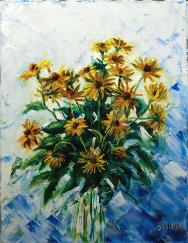 Peinture intitulée "yellow daisies" par Mila Pavlova, Œuvre d'art originale, Huile Monté sur Châssis en bois