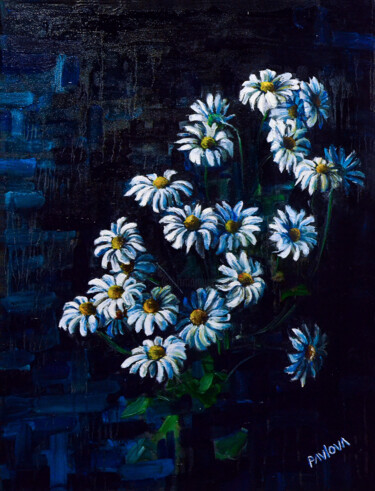 Painting titled "White daisies" by Mila Pavlova, Original Artwork, Oil Mounted on Wood Stretcher frame