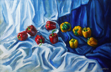 Painting titled "The peppers" by Mila Pavlova, Original Artwork, Oil Mounted on Wood Stretcher frame