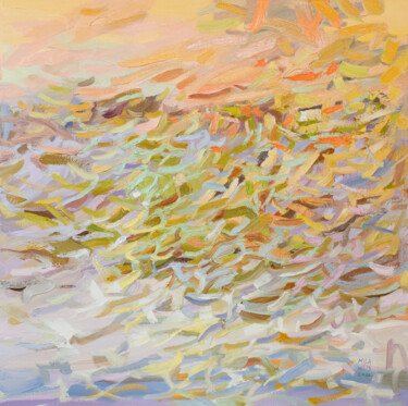 Painting titled "Sunset Waves" by Mila Weis, Original Artwork, Oil Mounted on Wood Stretcher frame