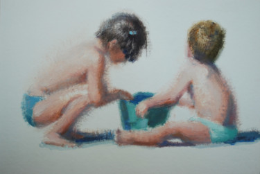 Painting titled "ninos playa" by Milagros Ferrer, Original Artwork, Oil