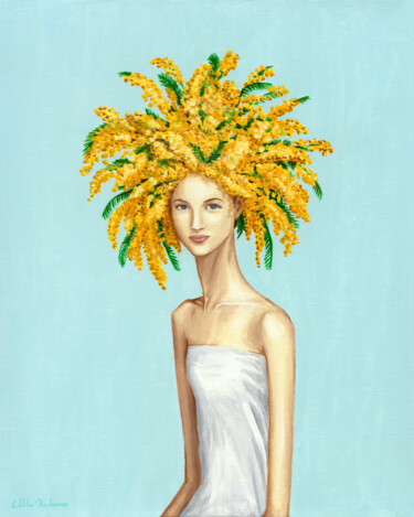Ζωγραφική με τίτλο "Girl With Mimosa Fl…" από Mila Kochneva, Αυθεντικά έργα τέχνης, Λάδι