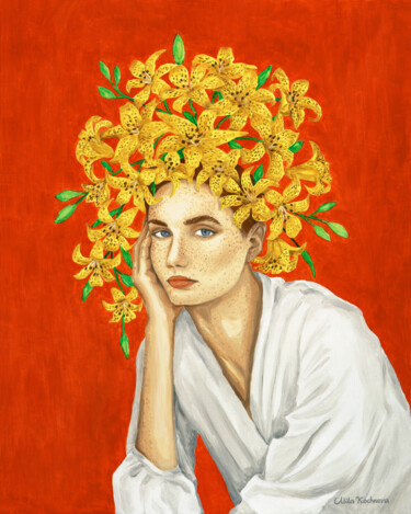 Painting titled "Girl With Yellow Li…" by Mila Kochneva, Original Artwork, Oil