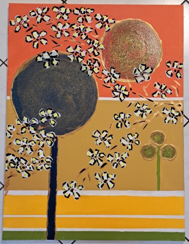 Malerei mit dem Titel "Landschaft mit Blüt…" von Mi Lan, Original-Kunstwerk, Acryl Auf Keilrahmen aus Holz montiert