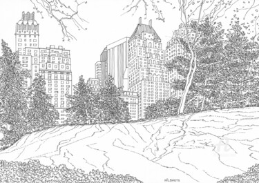 Drawing titled "Central Park / New…" by Lauris Milbrets, Original Artwork, Gel pen
