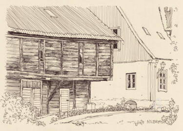 Dessin intitulée "Old House in Kuldig…" par Lauris Milbrets, Œuvre d'art originale, Stylo gel