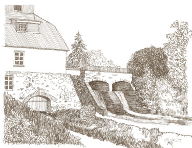 Disegno intitolato "Zleku Watermill. La…" da Lauris Milbrets, Opera d'arte originale, Biro