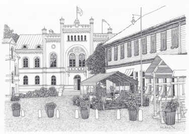 Dibujo titulada "Kuldiga Town Hall" por Lauris Milbrets, Obra de arte original, Tinta