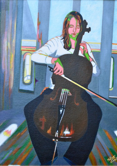 Peinture intitulée "La violoncelliste" par François Milcar, Œuvre d'art originale, Huile