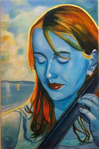 Painting titled "Sonate bleue au vio…" by François Milcar, Original Artwork, Oil