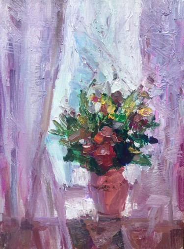Картина под названием "Цветы в окне" - Екатерина Сильченко, Подлинное произведение искусства, Масло Установлен на Деревянная…