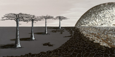 Schilderij getiteld "Baobabs en clair de…" door Mileg, Origineel Kunstwerk, Acryl Gemonteerd op Frame voor houten brancard