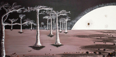 Painting titled "Baobabs en clair de…" by Mileg, Original Artwork, Acrylic Mounted on Wood Stretcher frame