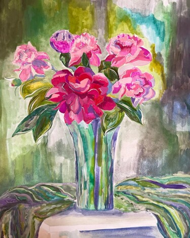 Malerei mit dem Titel "Pink peonies" von Milena Million, Original-Kunstwerk, Aquarell