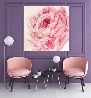 Painting titled "Peony interior" by Milena Million, Original Artwork, Oil Mounted on Other rigid panel