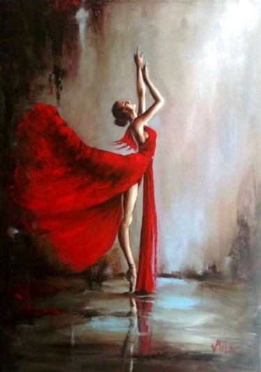 Painting titled "Red Dress" by Milena Hristova, Original Artwork, Oil