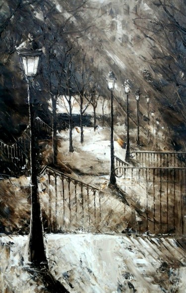 Painting titled "Montmartre Stairs" by Milena Hristova, Original Artwork, Oil