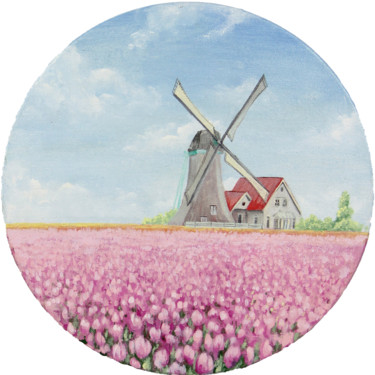 Painting titled "Tulip Field" by Yulia Zhdanovich (MiliArt), Original Artwork, Acrylic Mounted on Wood Stretcher frame