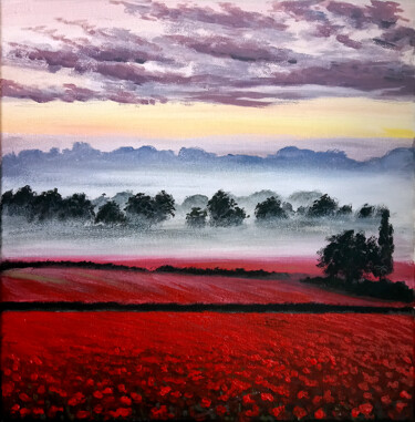 Painting titled "Dawn in a poppy fie…" by Yulia Zhdanovich (MiliArt), Original Artwork, Acrylic Mounted on Wood Stretcher fr…