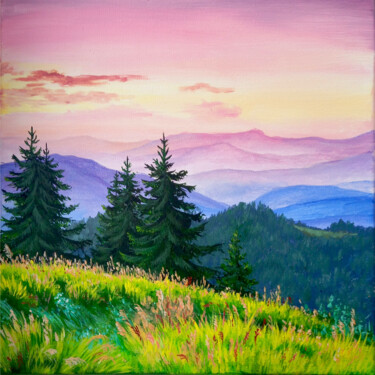 Painting titled "Sunset in the mount…" by Yulia Zhdanovich (MiliArt), Original Artwork, Acrylic Mounted on Wood Stretcher fr…