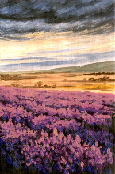 Painting titled "Lavender at sunset" by Yulia Zhdanovich (MiliArt), Original Artwork, Acrylic Mounted on Cardboard