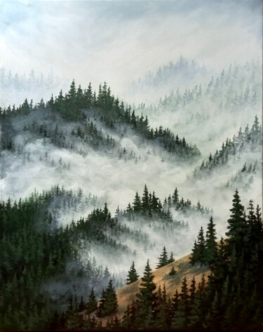 Painting titled "Fog in the mountains" by Yulia Zhdanovich (MiliArt), Original Artwork, Acrylic Mounted on Wood Stretcher fr…