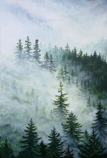 Painting titled "Quiet forest" by Yulia Zhdanovich (MiliArt), Original Artwork, Acrylic Mounted on Wood Stretcher frame