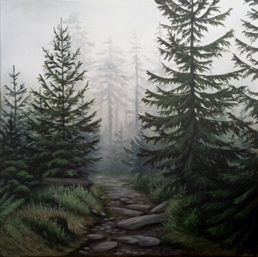 Painting titled "Road in the misty f…" by Yulia Zhdanovich (MiliArt), Original Artwork, Acrylic Mounted on Wood Stretcher fr…