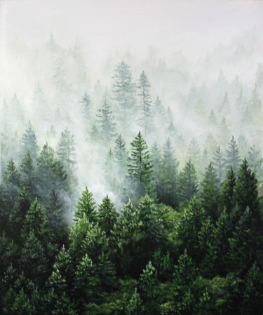 Painting titled "Quiet misty forest" by Yulia Zhdanovich (MiliArt), Original Artwork, Acrylic Mounted on Wood Stretcher frame