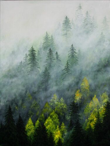 Malarstwo zatytułowany „Foggy forest autumn” autorstwa Yulia Zhdanovich (MiliArt), Oryginalna praca, Akryl Zamontowany na Dr…