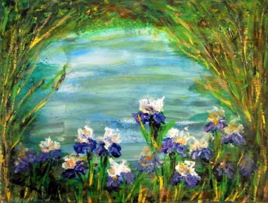 Malarstwo zatytułowany „Flowers by Lake ..” autorstwa Milka Urbaníková, Oryginalna praca, Akryl