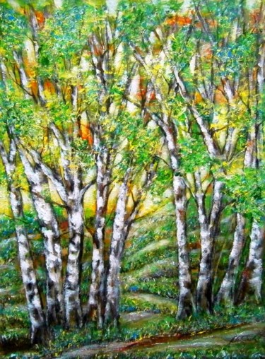 Painting titled "Birches in spring .." by Milka Urbaníková, Original Artwork, Acrylic