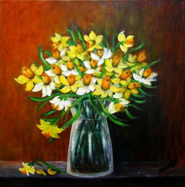 Painting titled "Still life - daffod…" by Milka Urbaníková, Original Artwork, Acrylic