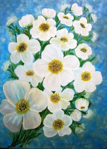 Painting titled "White flowers 2.." by Milka Urbaníková, Original Artwork, Oil