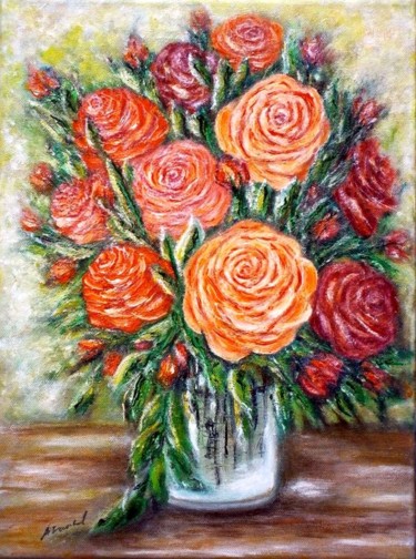 Painting titled "Rose in a vase" by Milka Urbaníková, Original Artwork, Oil